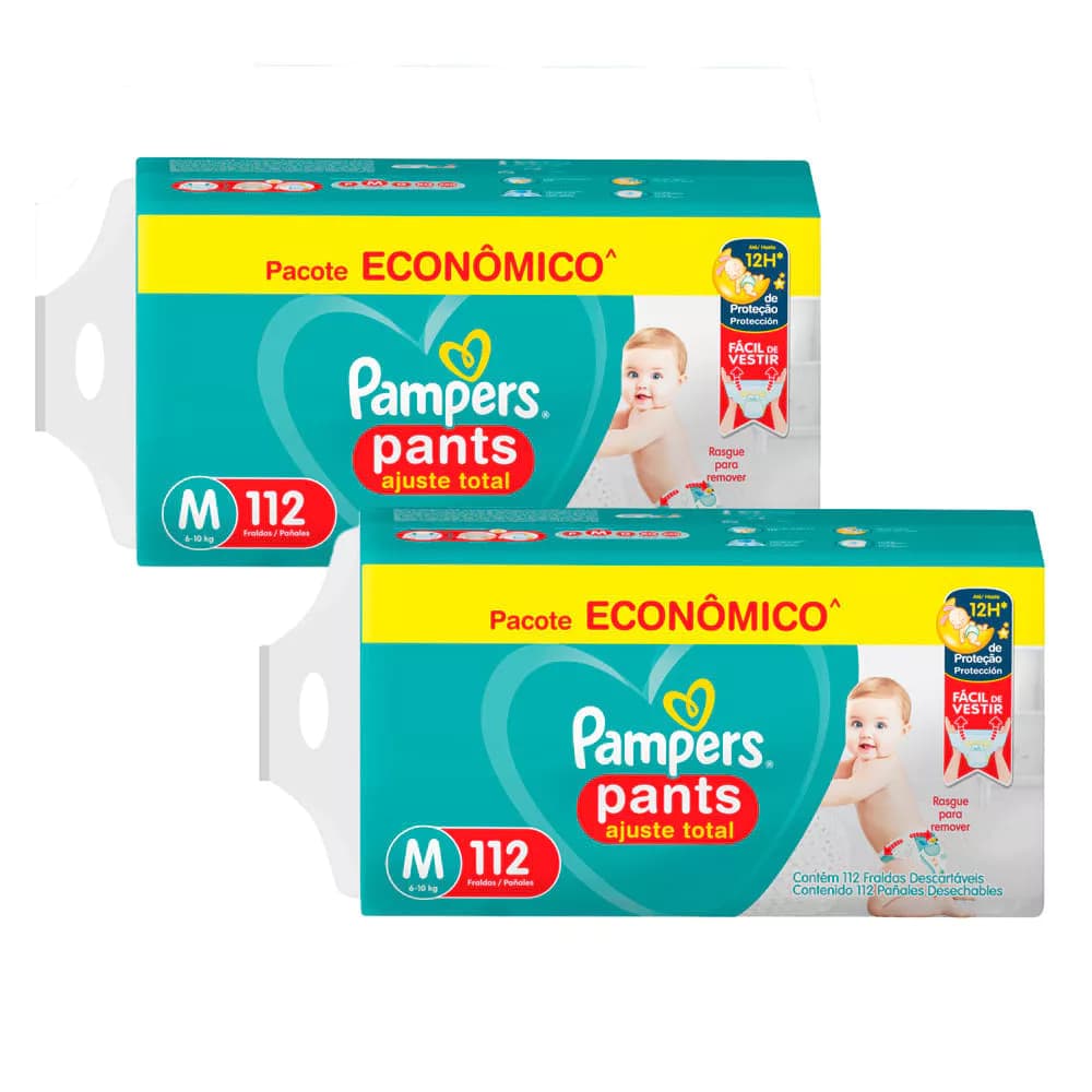 Kit 2 Fralda Pampers Pants Ajuste Total tamanho M com 112 Unidades Descartáveis