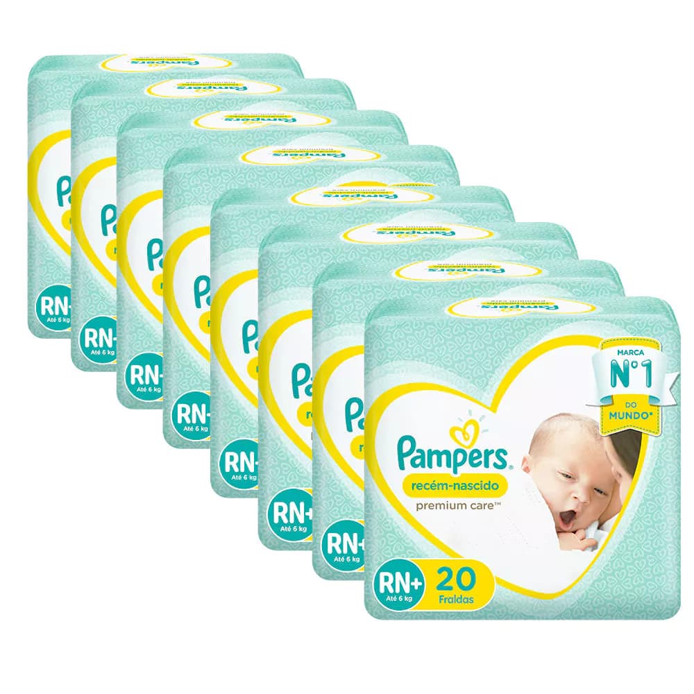 Kit 8 Fralda Descartável Pampers Premium Care Recém-Nascido RN+ 160 Tiras